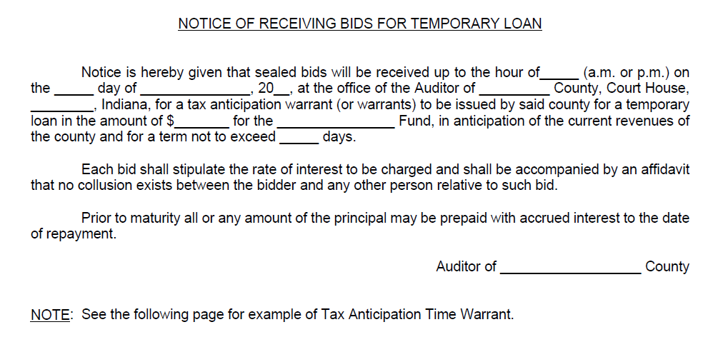 Notice of Receiving Bids for Temporary Loan
