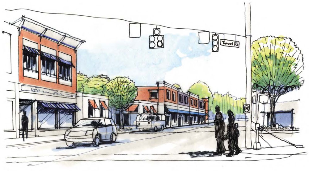 Sketch of people crossing intersection on street with classic downtown Main Street look