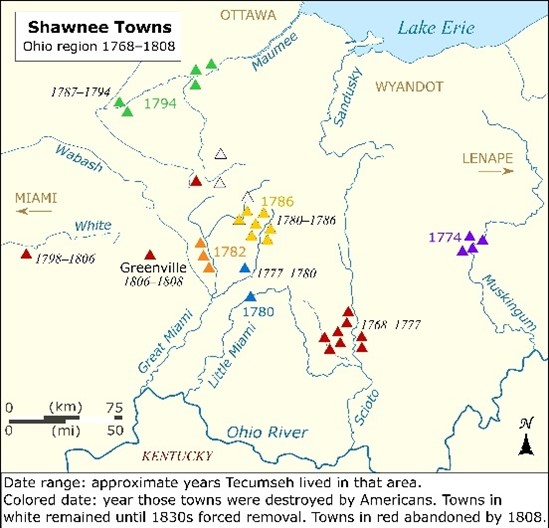 Map of Shawnee towns in the ‘Ohio Region’ from 1768 to 1808