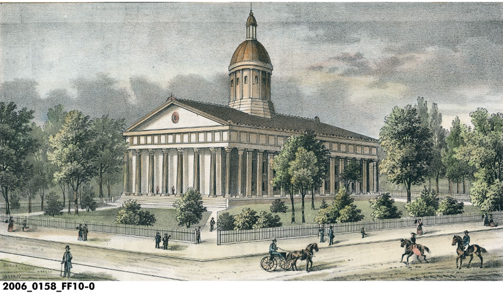 A drawing of a building with columns and a domeDescription automatically generated